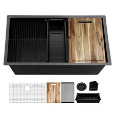 32 In. Undermount Single Bowl 18 Gauge Black Stainless Steel Workstation Kitchen