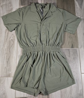 Vuori Villa Romper Women Large Green Wide Leg Pleated Shorts Jumpsuit Stretch