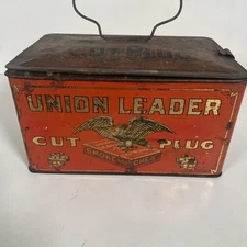 VTG 1900s UNION LEADER Cut Plug Tobacco Smoke & Chew Advertising Tin Lunch Box
