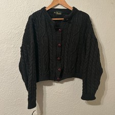 Vintage Brambles 100 Wool Gray Chunky Cable Knit Cardigan Fisherman Cropped