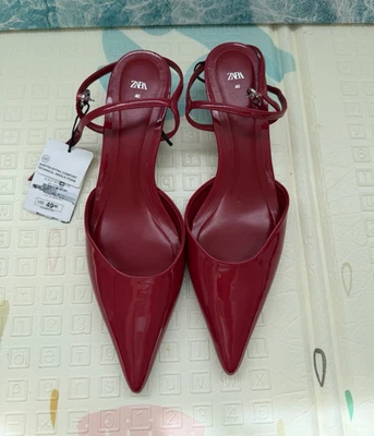 Zara Red Patent Leather Pointed Toe Slingback Stiletto Heels EU40 UK7.5 - Image 1 of 4