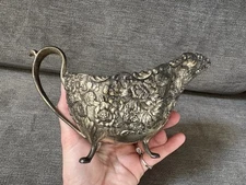 Vintage Silver Plate TK Made In Japan Gravy Boat Or Sauce Holder Floral Patina