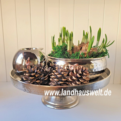 Schale mit Fuß Fußschale Dekoschale Aluguss silber Durchm. 33 cm  landhauswelt