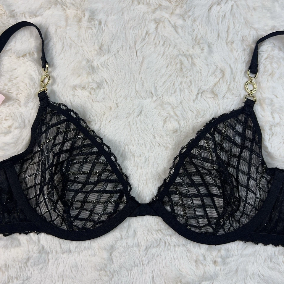 Sujetador Victoria's Secret Negro Oscuro Malla Encaje Brillante Demi 34C Detalle Dorado Nuevo con Etiquetas Foto 4 de 4
