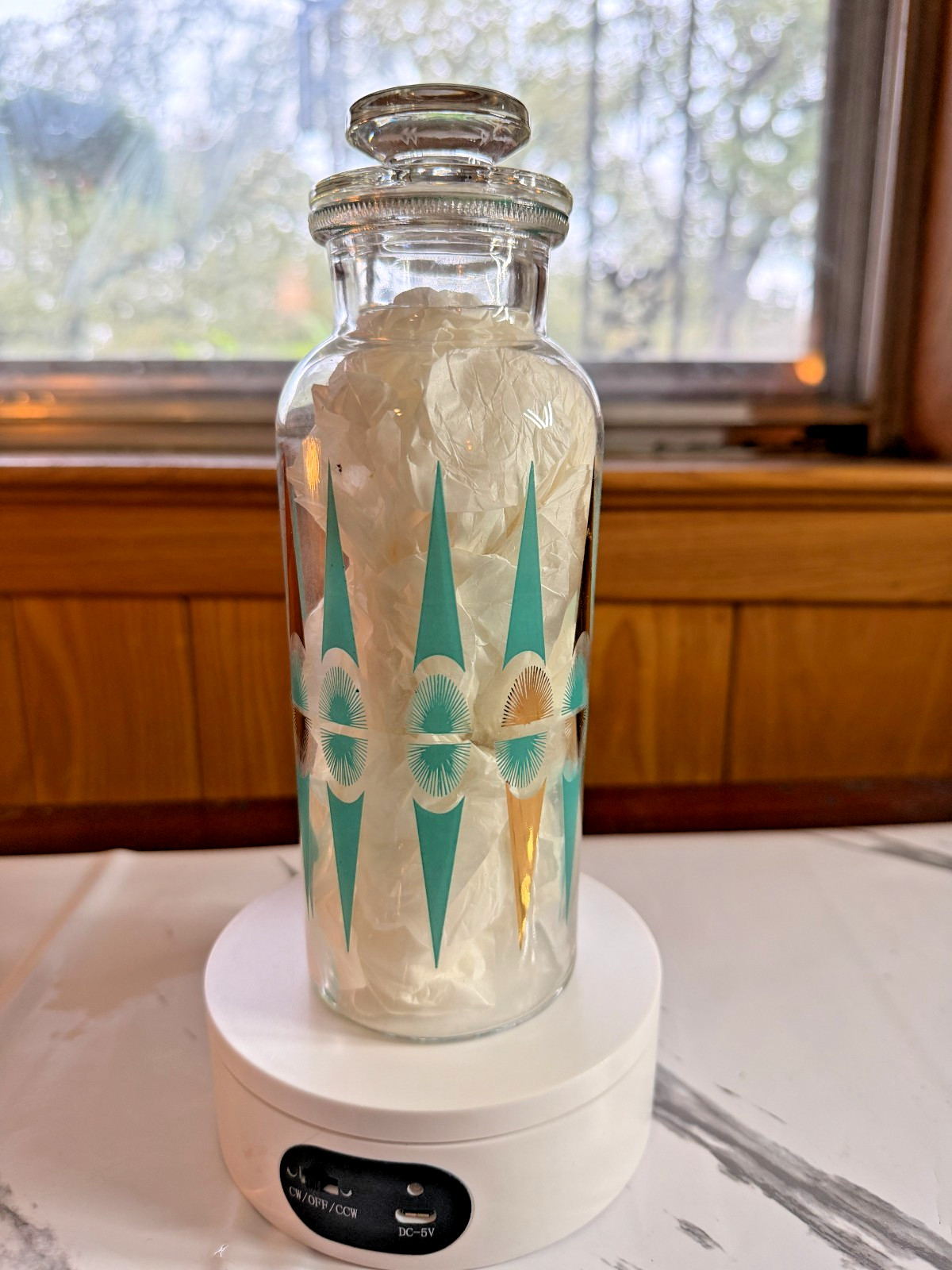 Hazel Atlas Starburst Apothecary Jar MCM 1950's Canister Teal Atomic Lid