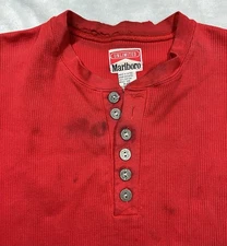 Vintage 90s Marlboro Red Henley Shirt Smoker Grunge Punk XL Cigarette Thrashed