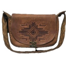Vintage Boho Southwest Hand Tooled Cowhide Leather Purse 9x14