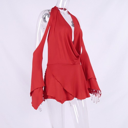Sexy Women Milk Fiber Halter V-Neck Flared Sleeve Backless Miniskirt Dress Gift - Picture 12 of 22