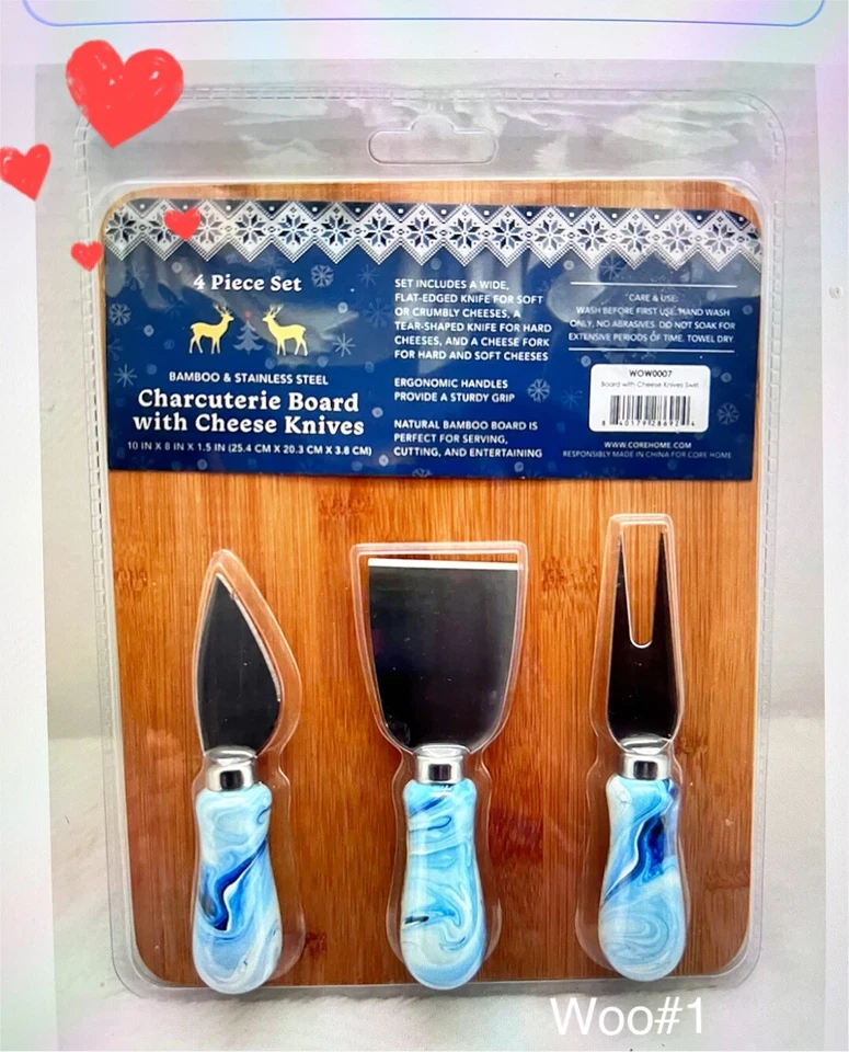 Tabla de Charcutería con Queso Juego 4 Piezas Remolino Azul Blanco Bambú Nuevo Foto 2 de 4