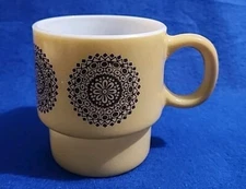 Mandala Medallion Mug Milk Glass Beige Boho Stackable Vintage