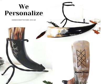 Ochsenhorn Wikinger Trinkhorn Bierkrug mit Eisenhalter, personalisiert Horn Geschenk