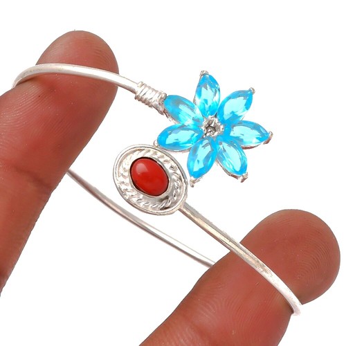 Blue Topaz Quartz Red Coral Gemstone Ethnic Flower Cuff Bangle 7 D862