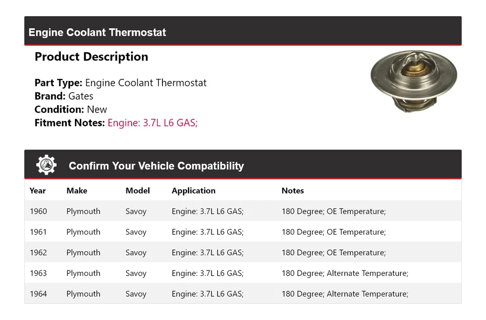 Para 1960-1964 Plymouth Savoy 3.7L L6 Motor Gas Refrigerante Termostato Puertas 1961 Foto 2 de 4