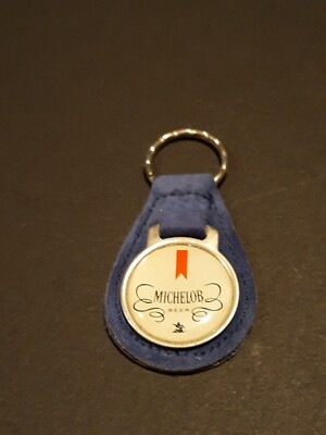 Vintage 1970's MICHELOB Beer logo car key keychain faux suede leather fob, blue
