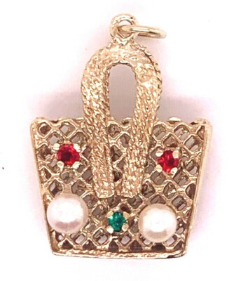 EINZIGARTIGE VINTAGE KORBTASCHE 14 K GELBGOLD SMARAGD, RUBIN UND PERLE