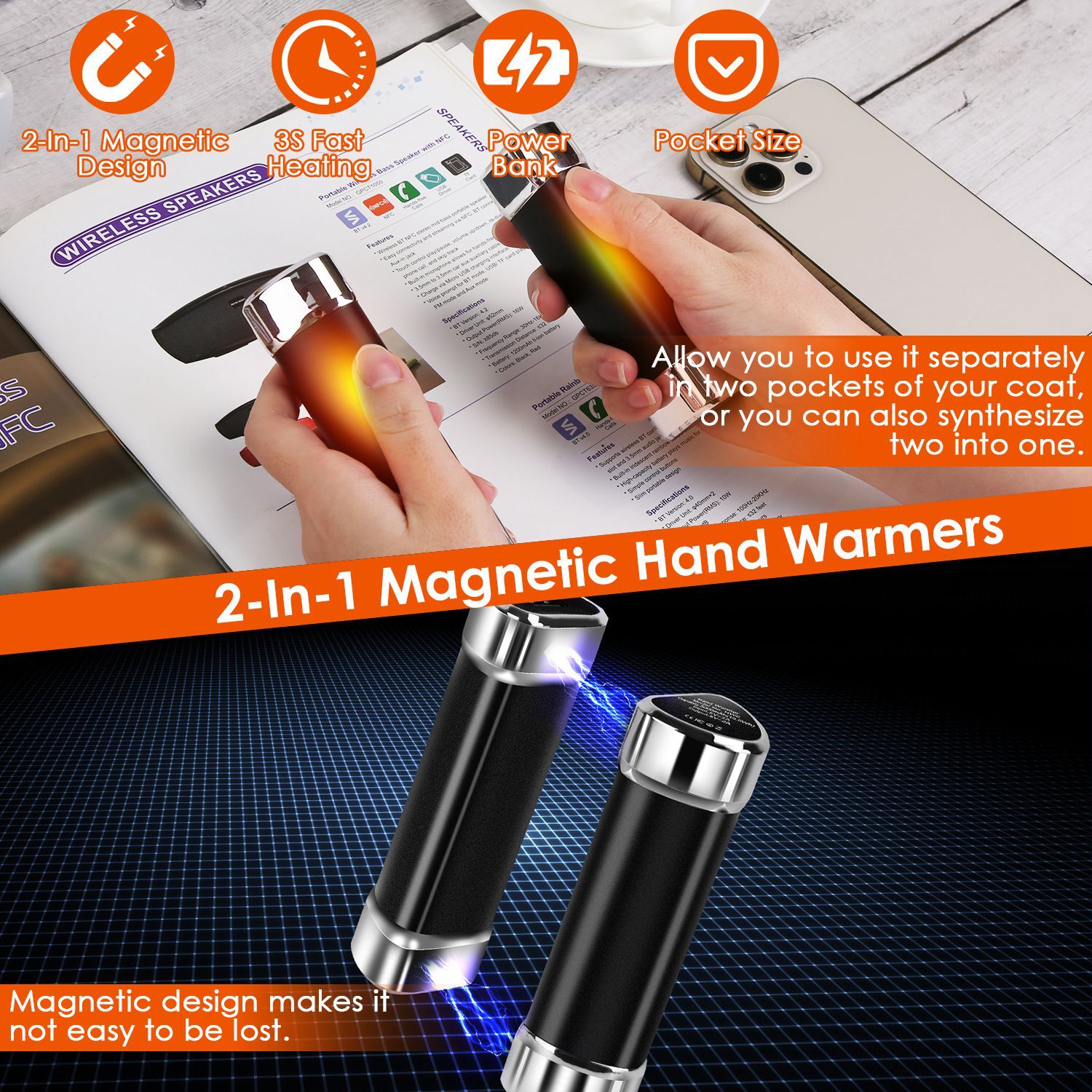 2PACK Magnetic Hand Warmer 10000mah Rechargeable Power Bank Portable Heater
