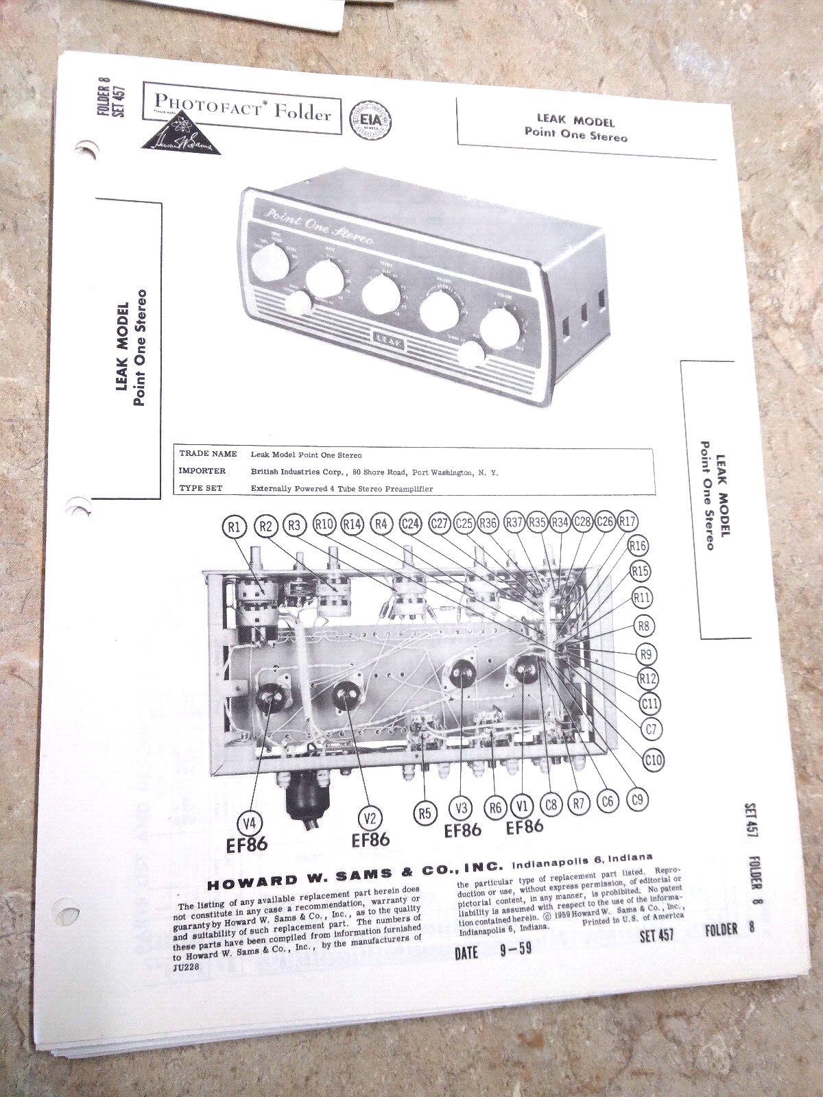 Original SAMS Photofact 457/8 - LEAK POINT ONE - STEREO PRE-AMPLIFIER