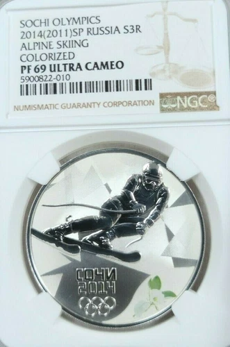 2014 RUSSIA SILVER 3 ROUBLES S3R ALPINE SKIING COLORIZED NGC PF 69 ULTRA CAMEO