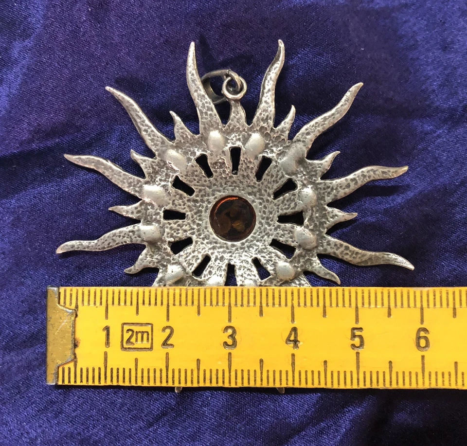 Grande Pendente Vintage In Argento E Ambra, Sole Organico, Hippy, Ciondolo 1970 - Immagine 2 di 4