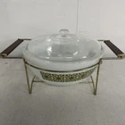 VINTAGE PYREX GLASS MIXING BOWL 404 Square Flowers Verde Green 4 Quart w/ Stand