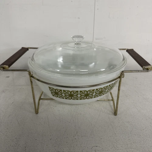 VINTAGE PYREX GLASS MIXING BOWL 404 Square Flowers Verde Green 4 Quart w/ Stand