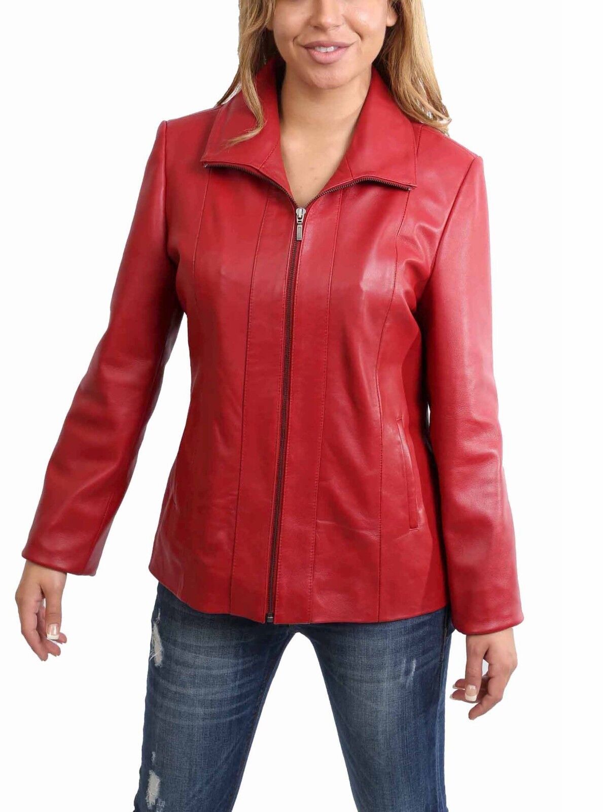 Women's Red Leather Jacket Slim Fit Classic Daily Use Causal Zip Up