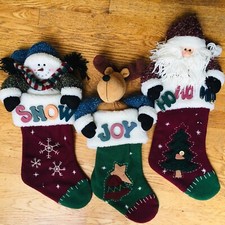Plush Santa Snowman and Reindeer 3D Christmas Stocking Lot of 3