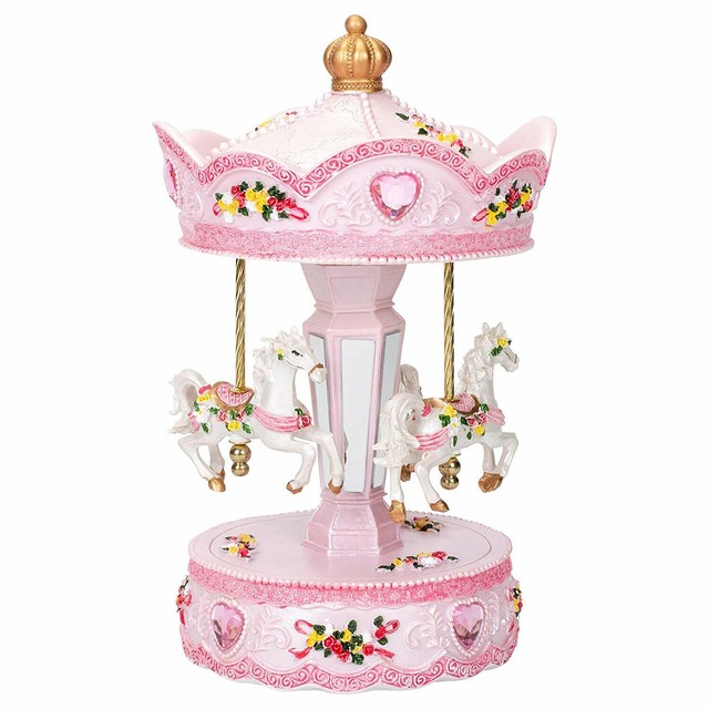 Pink Rose Horse Musical Carousel 10 inch Rotating Figurine Plays Tune