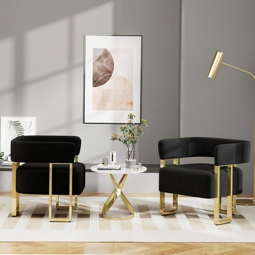 Modern Black and Gold Accent Chair Set of 2 Boucle Bucket Arm Chairs Bedroom - Picture 2 of 28