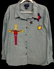 CST Blues  28W blue buttoned embroidered angel stars women's long sleeve top