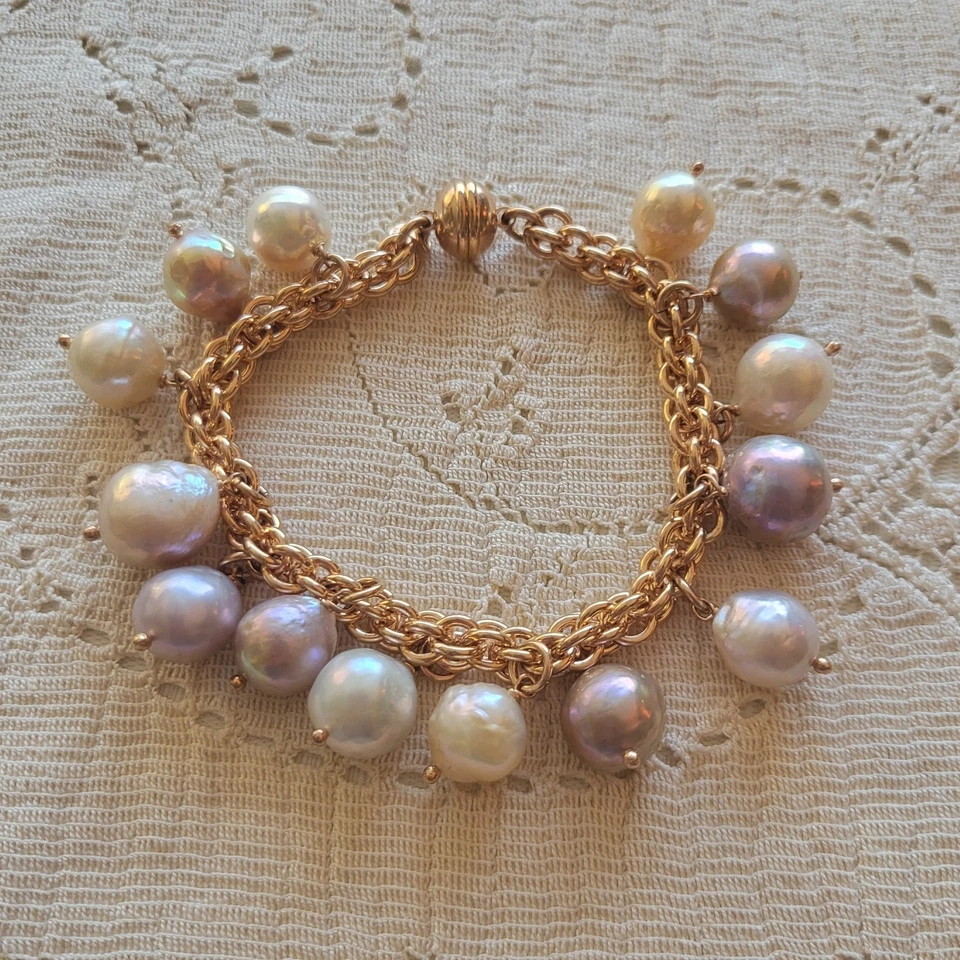 RARE Honora Ming Cultured Pearl Natural Mauves Italy Rose Bronze Charm Bracelet - Image 2 of 4