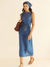 NEW DOEN Amorette Blue Floral Tie-Waist Midi Dress Eartha Paisley | size XXS