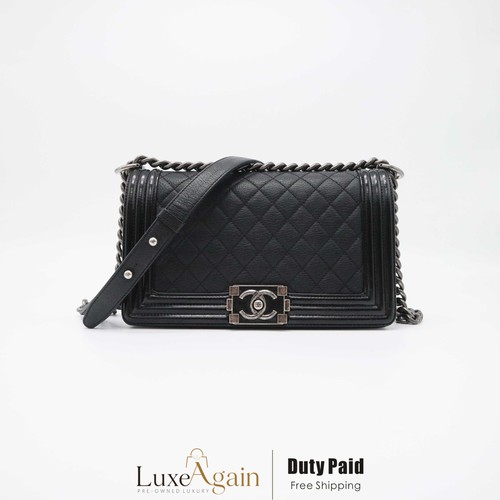 Chanel Boy Flap Bag Medium Black Quilted Goatskin with Patent