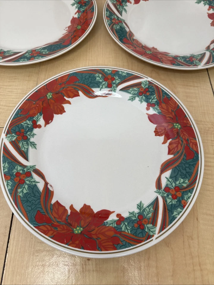 Juego de 4 platos de cena de Navidad Gibson Poinsettia de 10,5" vacaciones Foto 2 de 4