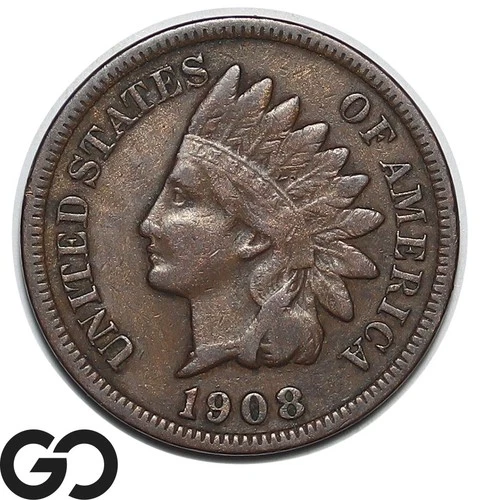 1908-S Indian Head Cent Penny, Sought After Better Date, VF