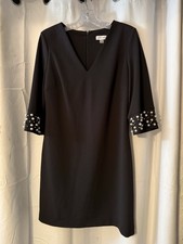 Classic Calvin Klein Black Sheath Dress with Faux Pearl Accents On Cuffs Size 8
