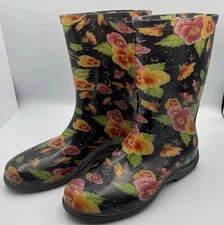 Sloggers Rain Boots Womens Size 9 Black Floral Waterproof Garden Yard Shoes USA