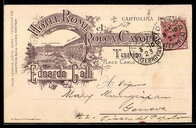 Lithograph Turin, Hotel Rome, Place Carlo Felice 14, Edoardo Galli, Gare Cent
