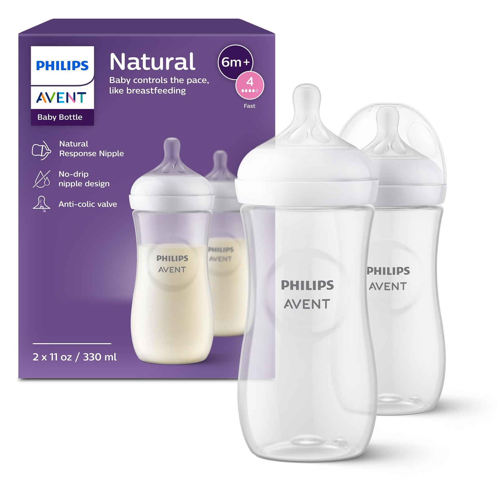 Philips AVENT Natural Baby Bottles 330ml 2 Pack with Natural Response Teat - New