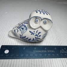 Vintage Ceramic White Owl w/Blue Floral Design Small 3"T Penny Bank With Stopper