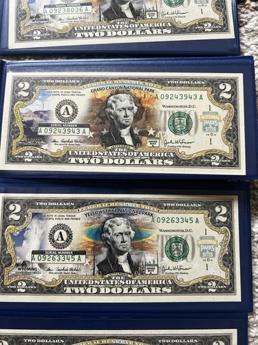 6 Two Dollars ($2) Unc. Colorized Notes In Binders And 1 One Dollar Note - Picture 7 of 9