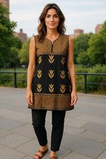 Two tone Tunic center panel floral V-neck and Sleeveless Knee-length Kurti, Top.