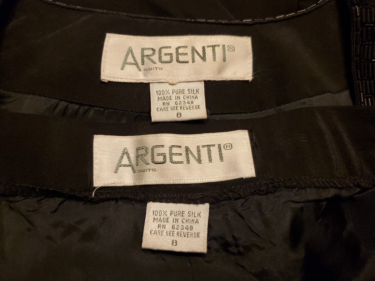 Vintage Argenti 2PC Black 100% Pure Silk Beaded Skirt Suit Size 8