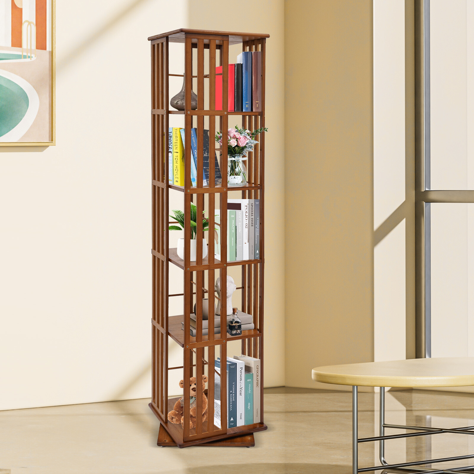 Bamboo 5-Tier Rotating Bookshelf for Magazines and Display