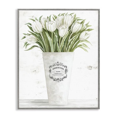 White Tulip Bouquet in Parisian Vase Floral Arrangement Framed Giclee Art Des...