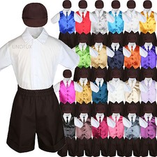 5PC Boy Toddler Formal Dark Brown Shorts  Hat Suit Satin Vest Necktie Set