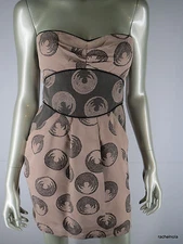 BCBGMaxAzria Sexy Strapless Dress Sz 0 XS Tan Black Silk Polka Dot Empire Mini