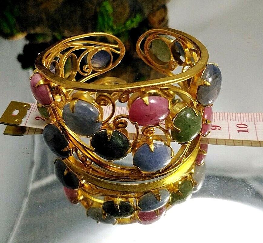 Myanmar Jade Ruby Gemstone Adjustable Lucky Brass Bracelet-image