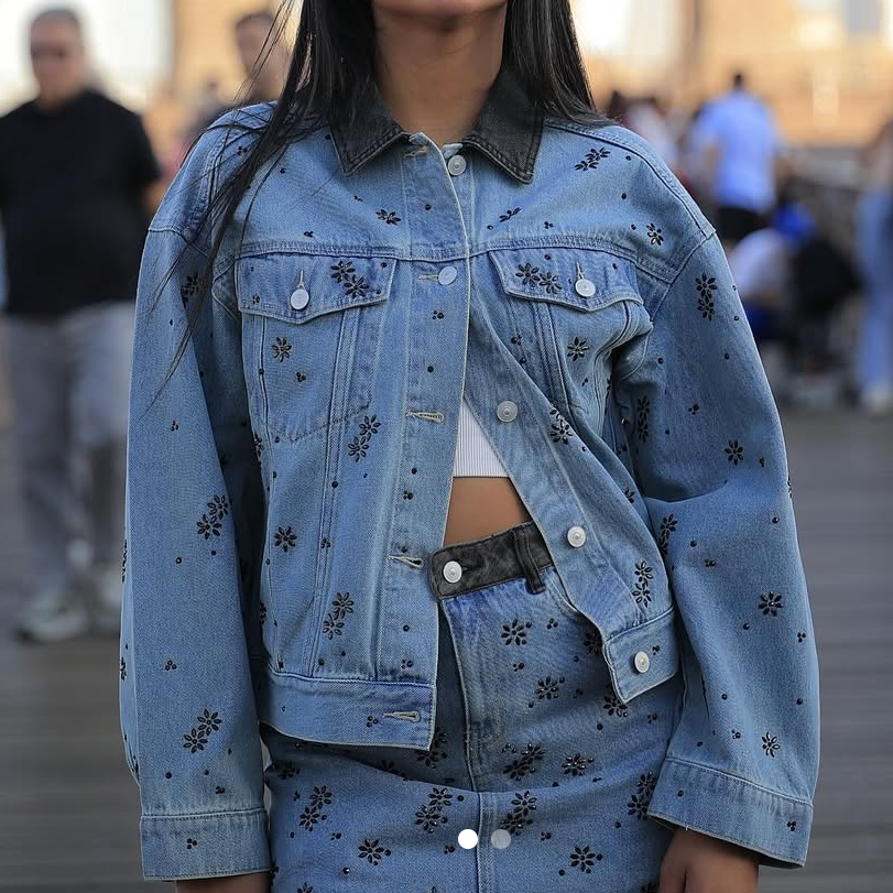 NWT H&M Rhinestone-embellished Cotton Denim Jacket Light Denim Blue/Floral  S, M