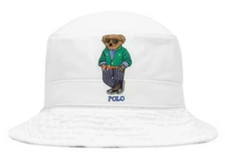 Polo Ralph Lauren Twill Men Bucket Embroidered Bear Green Hat White Cotton S/M